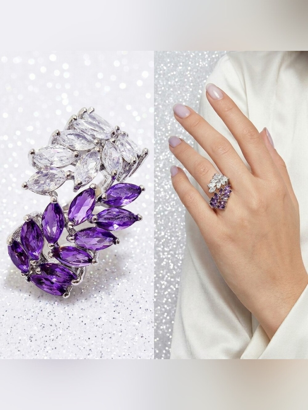 Silver purple and white crystal ring size 8
